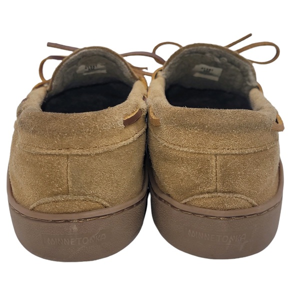 Minnetonka Pile Lined Faux Fur Suede Hard Sole Moccasin Slippers Tan Men’s 8M - Picture 5 of 9